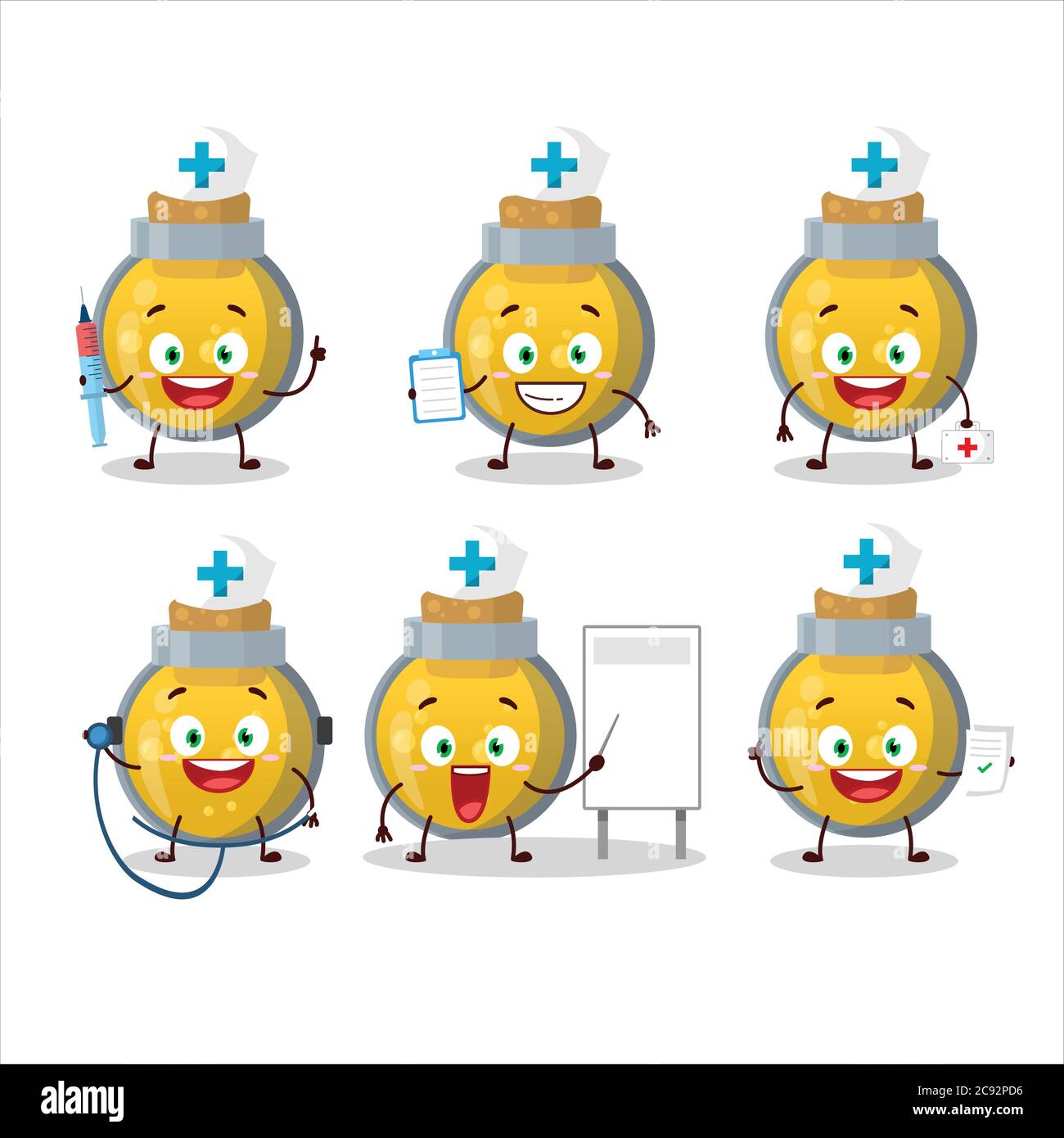 Doctor profession emoticon with golden potion cartoon character Stock Vector