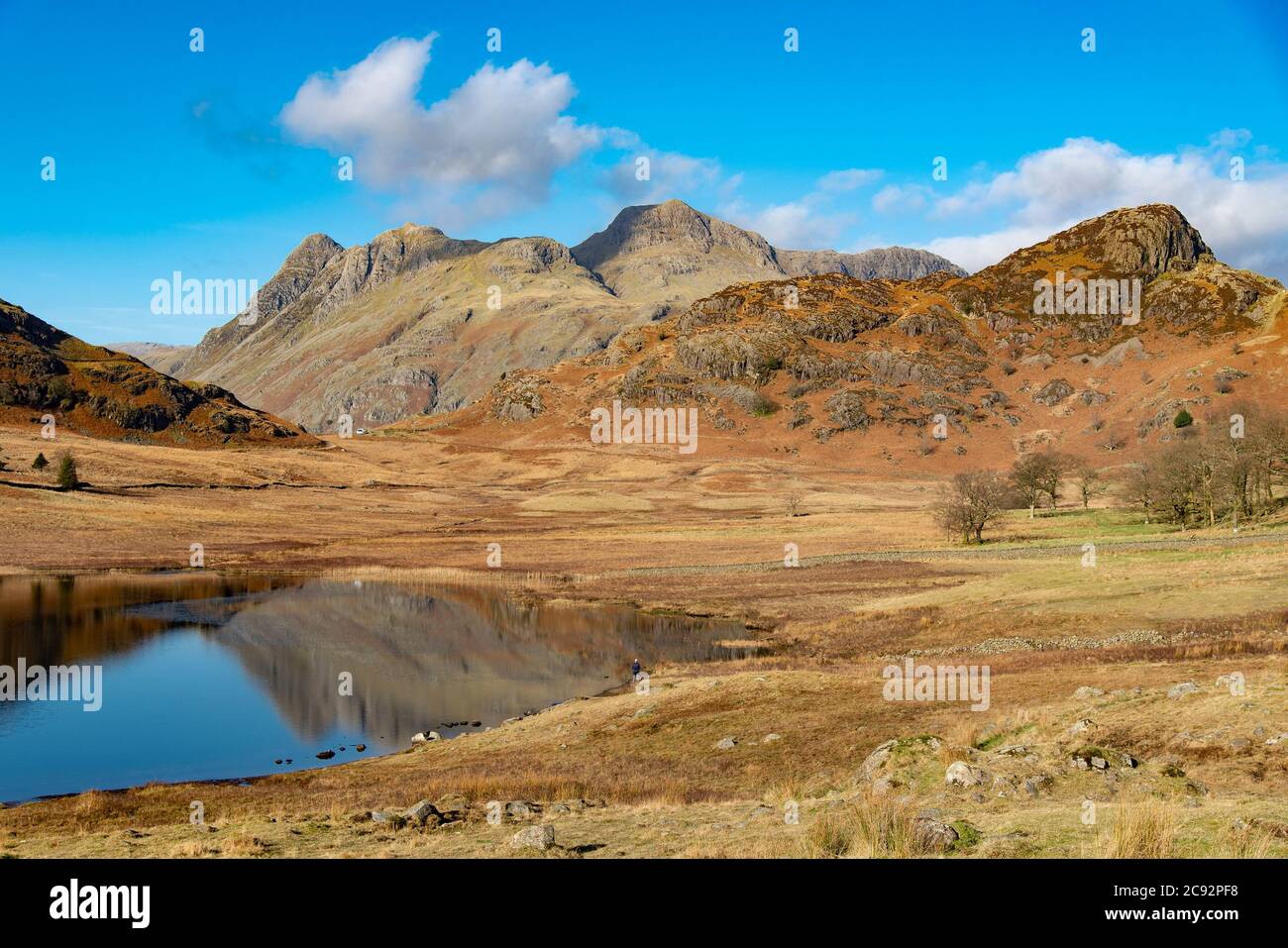 Blea Tarn, Langdale, Cumbria, The Lake District with Langdale Fell and Langdale Pikes in the distance. Stock Photo