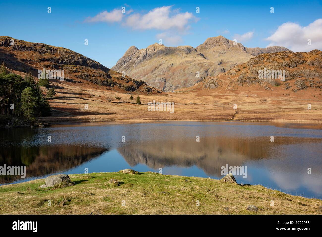 Blea Tarn, Langdale, Cumbria, The Lake District with Langdale Fell and Langdale Pikes in the distance. Stock Photo