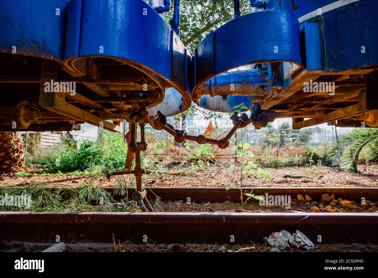 Two abandoned train cars linked by their links Stock Photo Alamy
