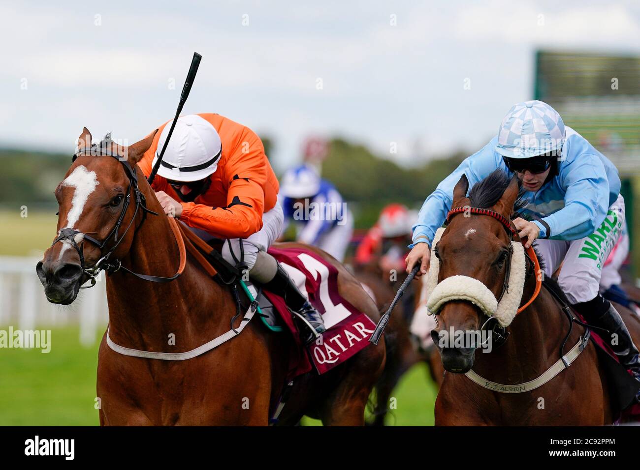 Only Spoofing ridden by Kieran O'Neill (left) win The Qatar Handicap during day one of the Goodwood Festival at Goodwood Racecourse, Chichester. Stock Photo