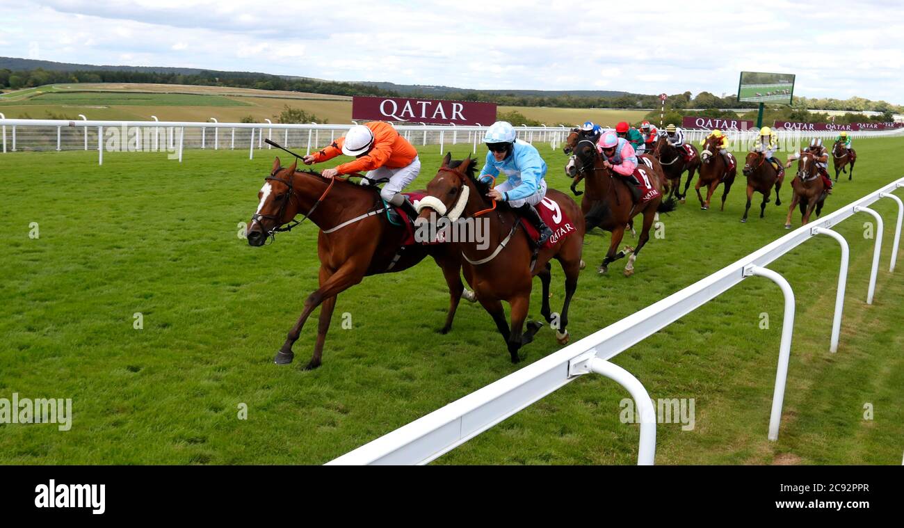 Only Spoofing ridden by Kieran OÕNeill (left) wins The Qatar Handicap during day one of the Goodwood Festival at Goodwood Racecourse, Chichester. Stock Photo