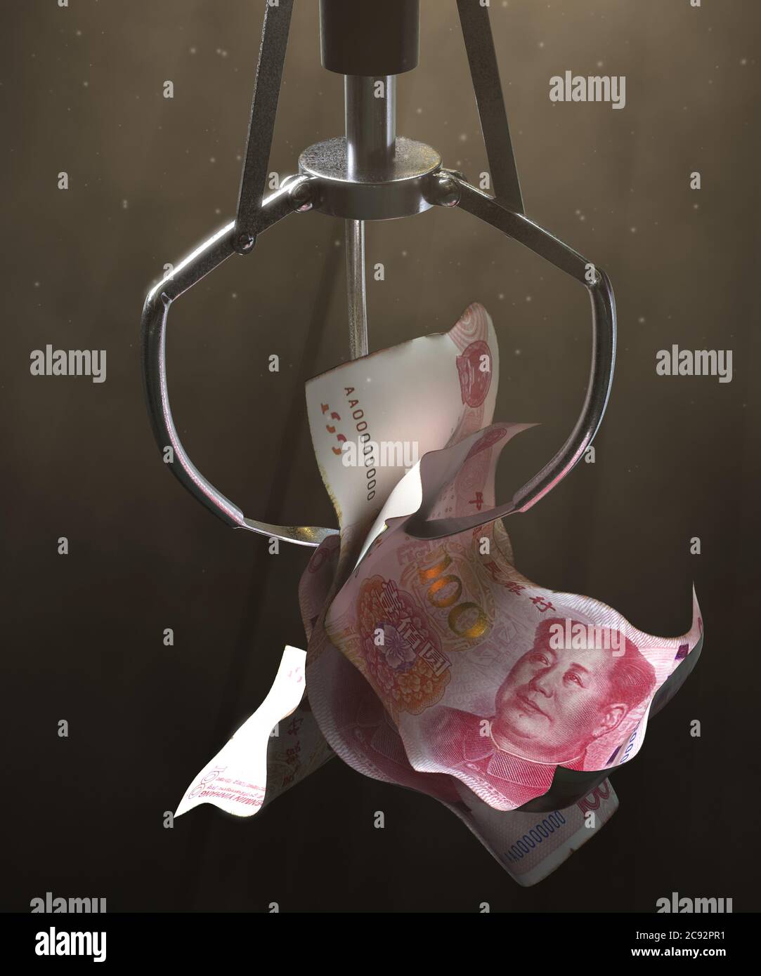 A robotic claw from an arcade type game gripping a wad of creased chinese yuan banknotes on a dark moody background - 3D render Stock Photo