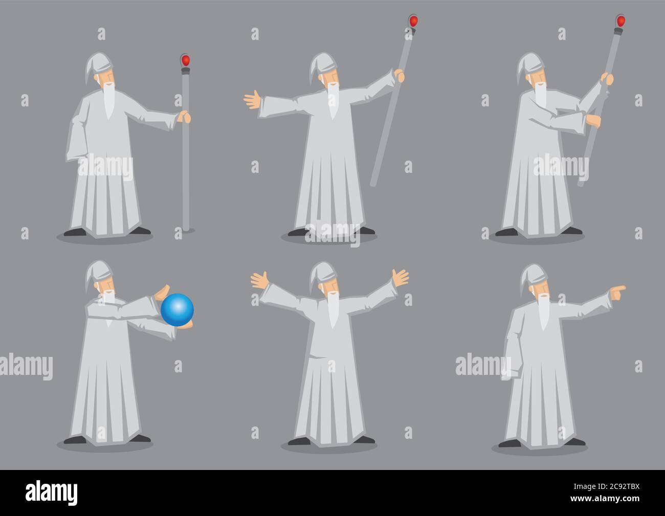 Set of six vector cartoon character of wizard with long white beard wearing long robe and pointed hat carrying props like magic staff and crystal ball Stock Vector
