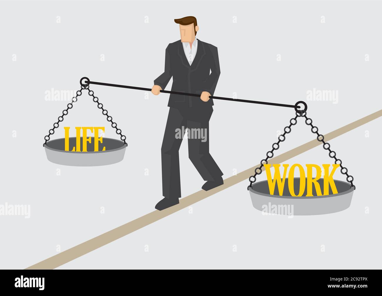 Businessman walking on balance beam and holding balance scales with