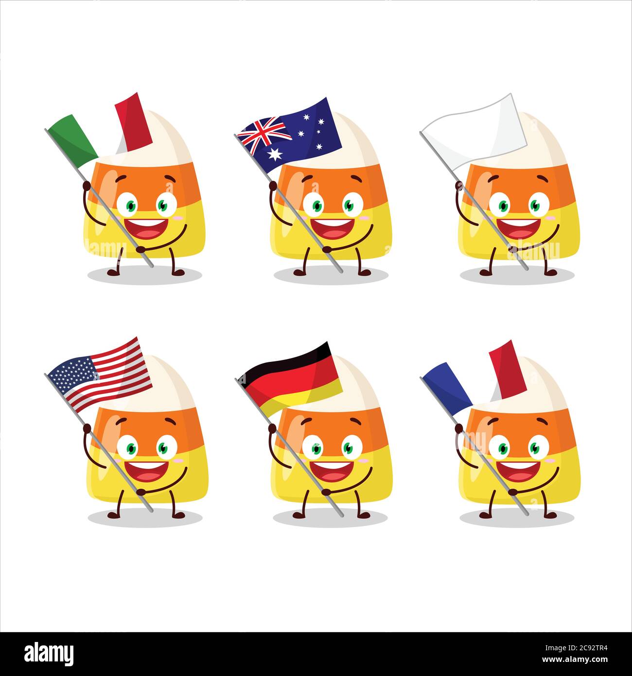 Candy corn cartoon character bring the flags of various countries Stock