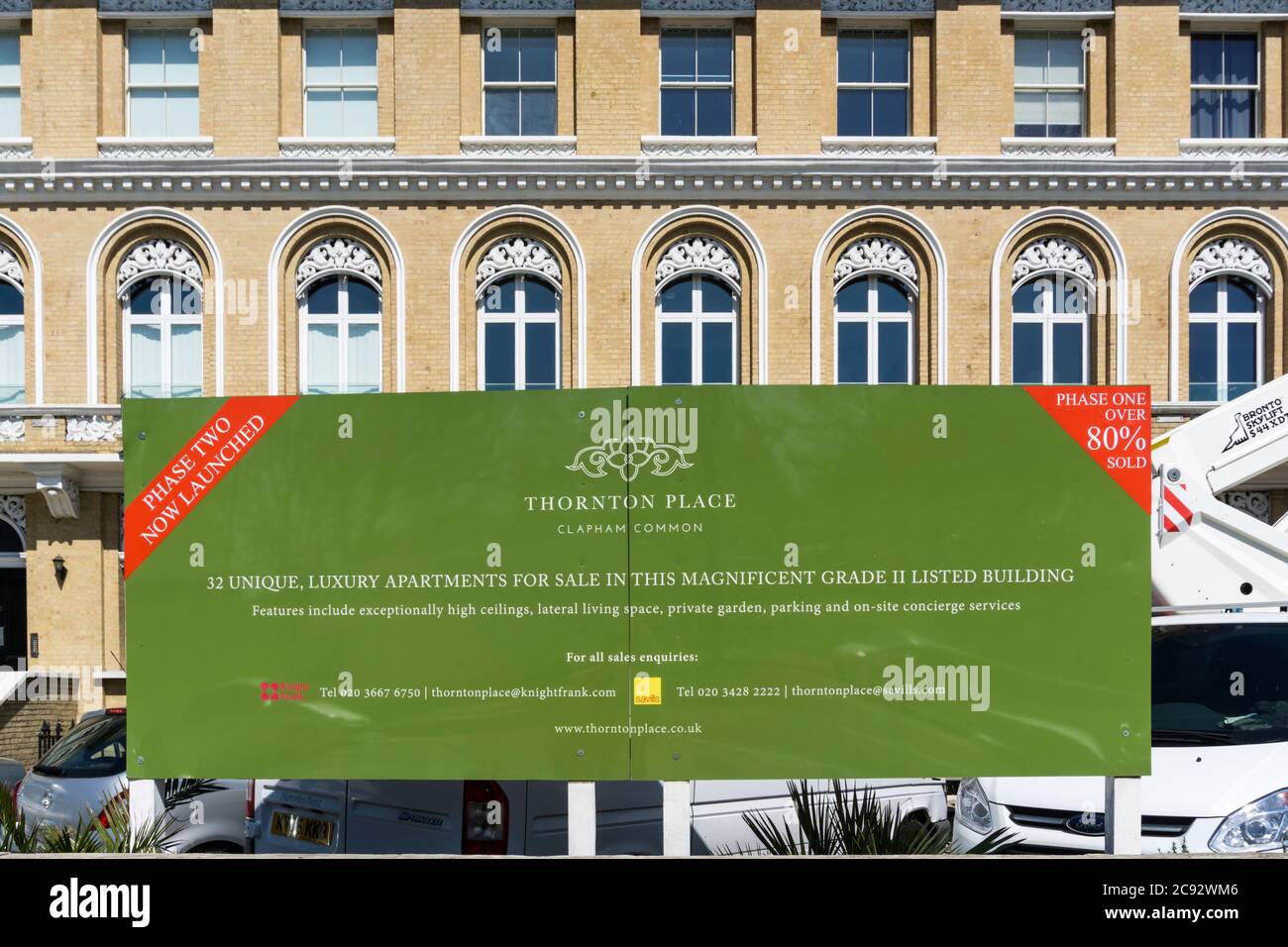 Sign advertising luxury apartments for sale in Thornton Place, a converted Grade II listed building on Clapham Common North Side. Stock Photo