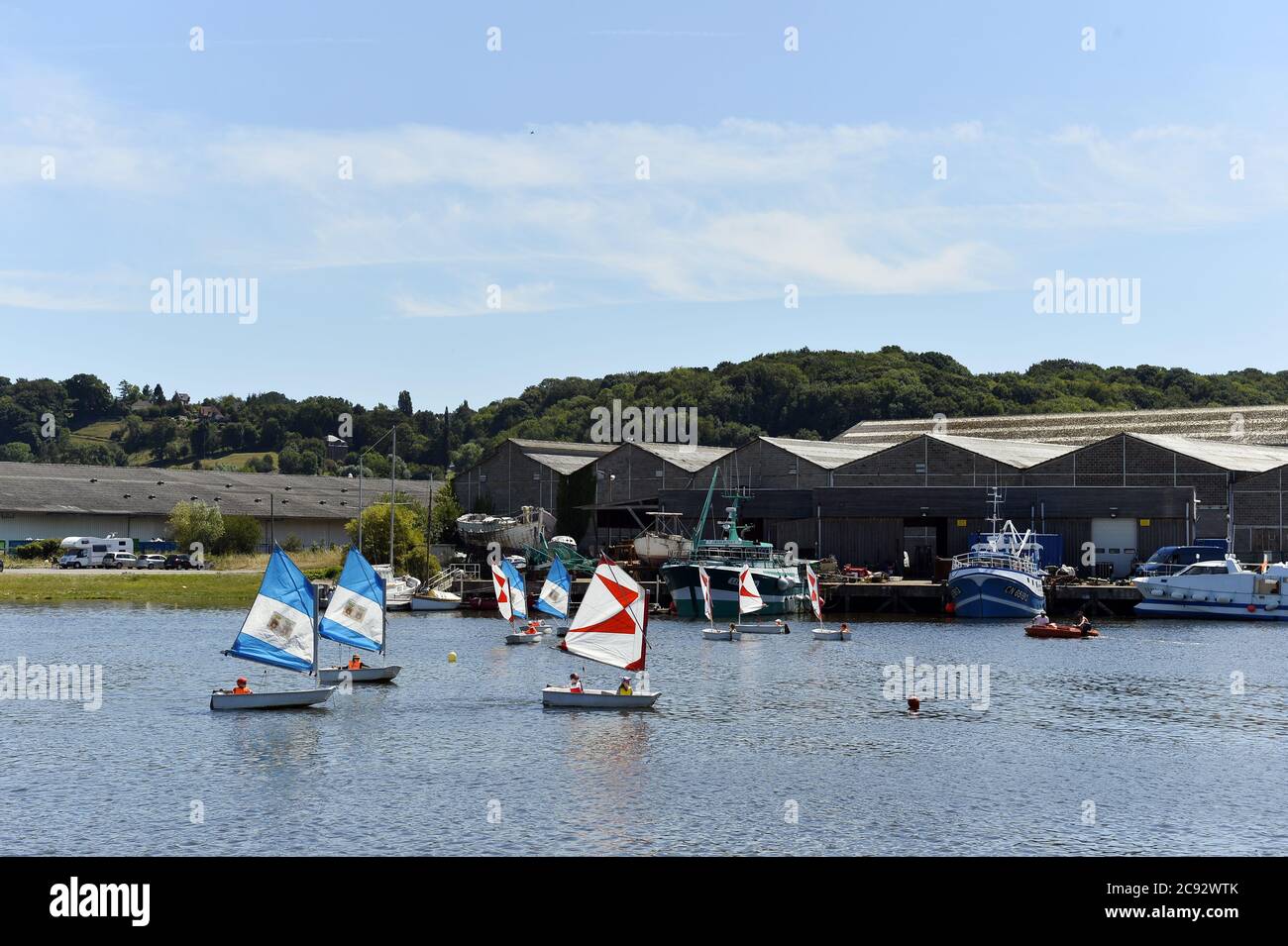 Optimist boats race in Honfleur - Normandy - France Stock Photo