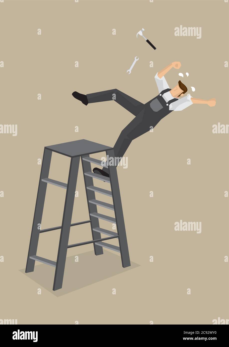 Blue-collar worker loses balance and falls backward from ladder with tools flying off. Vector cartoon illustration on work accident concept isolated o Stock Vector