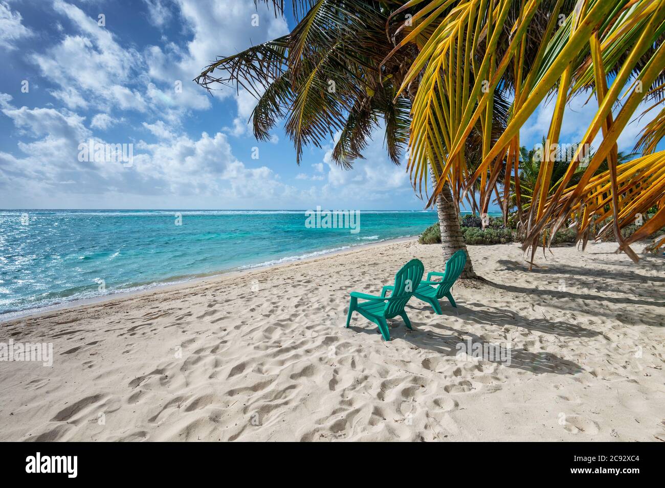 Beach Chairs and palm trees, Grand Cayman Island Stock Photo