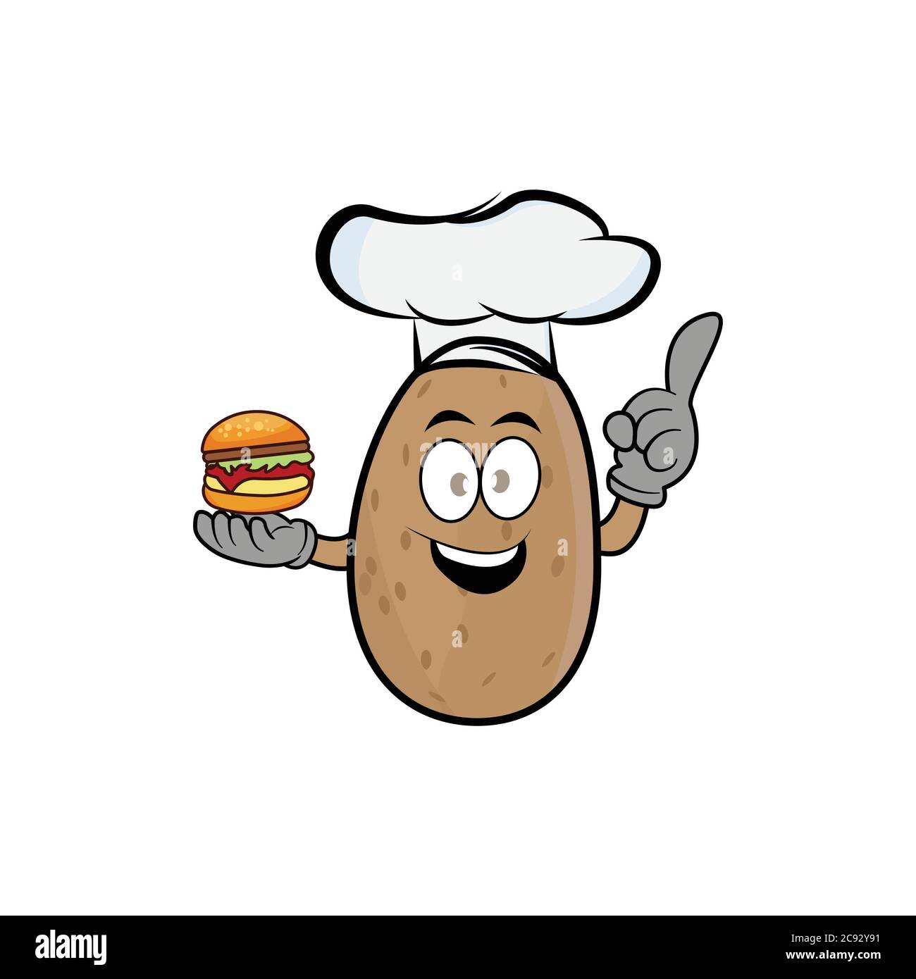 Potato cartoon character with a burger and a chef hat on a white background. Design template Vector Stock Vector