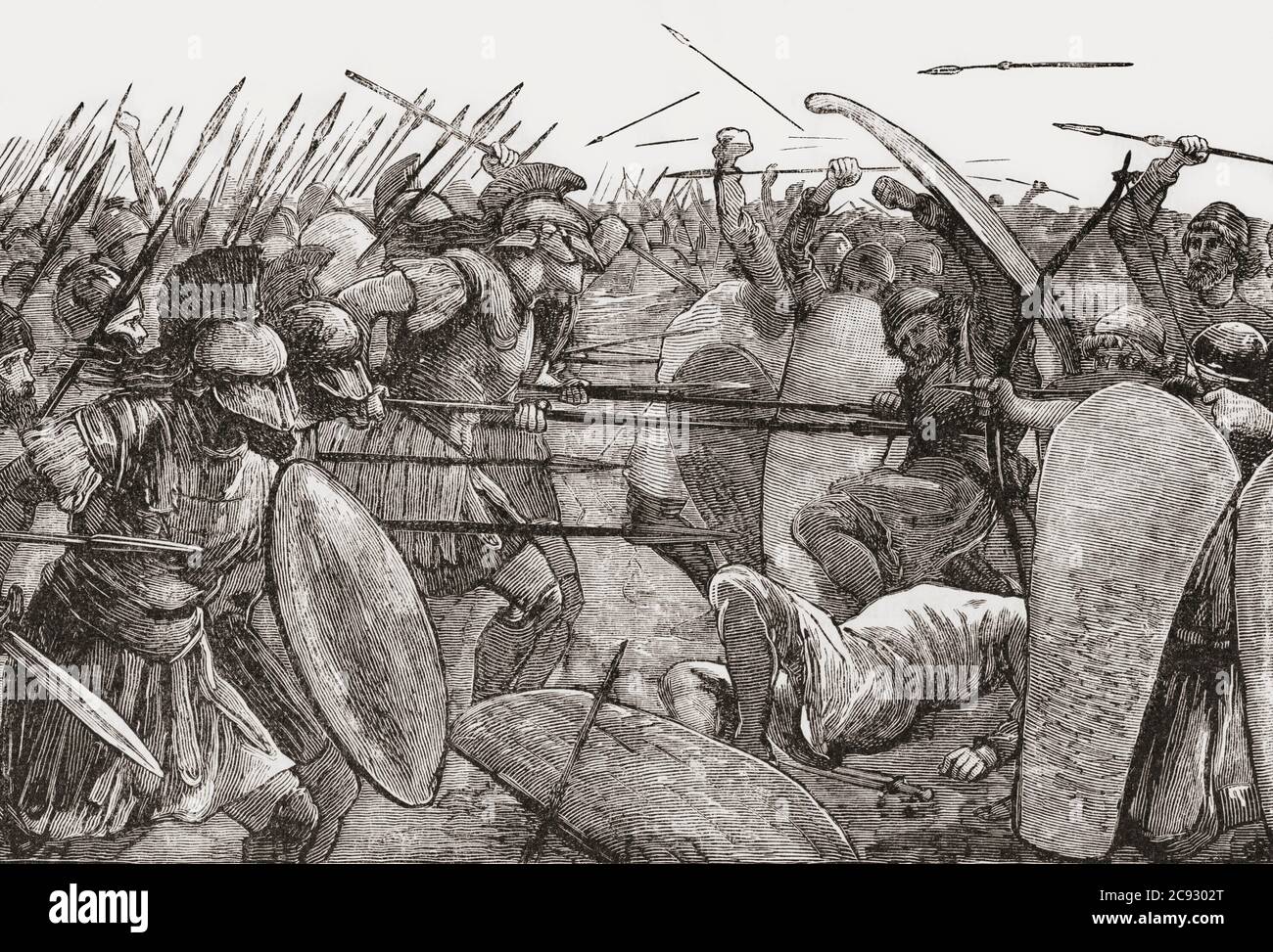 The Battle of Plataea, 479 BC, in which the defeat of the invasion forces of Xerxes was the final land battle of the second Persian invasion of Greece.  In the picture Spartan troops confront the Persians. The Spartan contingent was part of an alliance of Greek city-states which formed the Greek army.  After an illustration by an unidentified artist in the Cyclopaedia of Universal History, published in Cincinnati in the 1880’s. Stock Photo