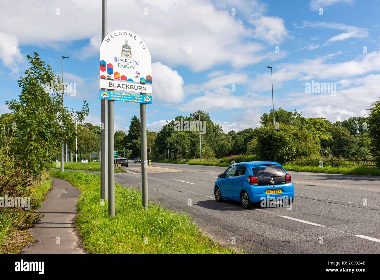 Welcome to Blackburn sign on Preston New Road entrance to Blackburn, Lancashire, UK. Stock Photo