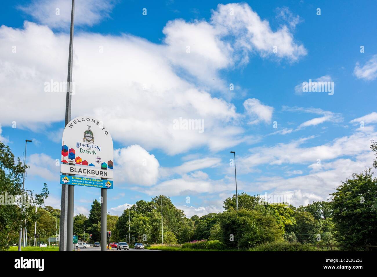 Welcome to Blackburn sign on Preston New Road entrance to Blackburn, Lancashire, UK. Stock Photo