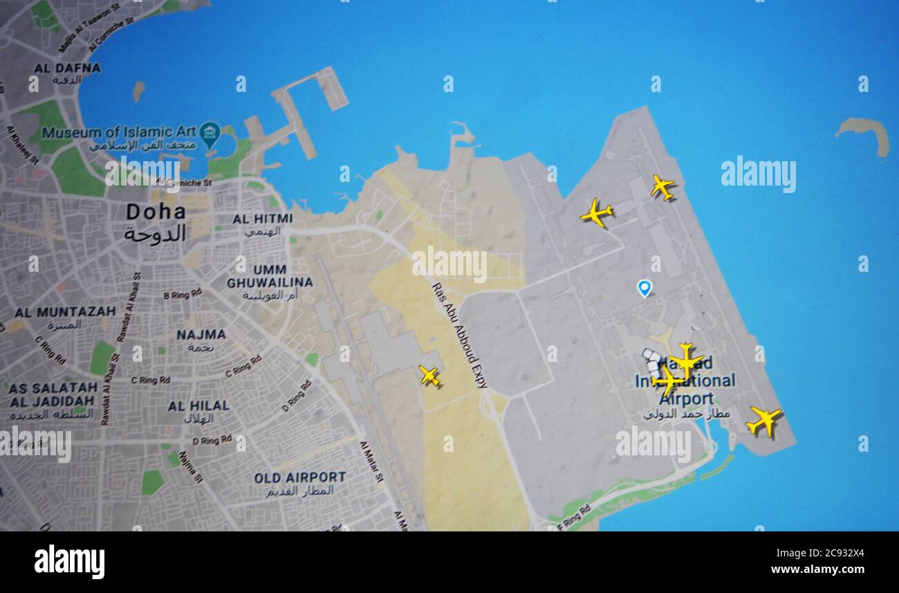 air traffic over Doha international airport (28 july 2020, UTC 17.13) on Internet with Flightradar 24 site, during the Coronavirus Pandemic Stock Photo