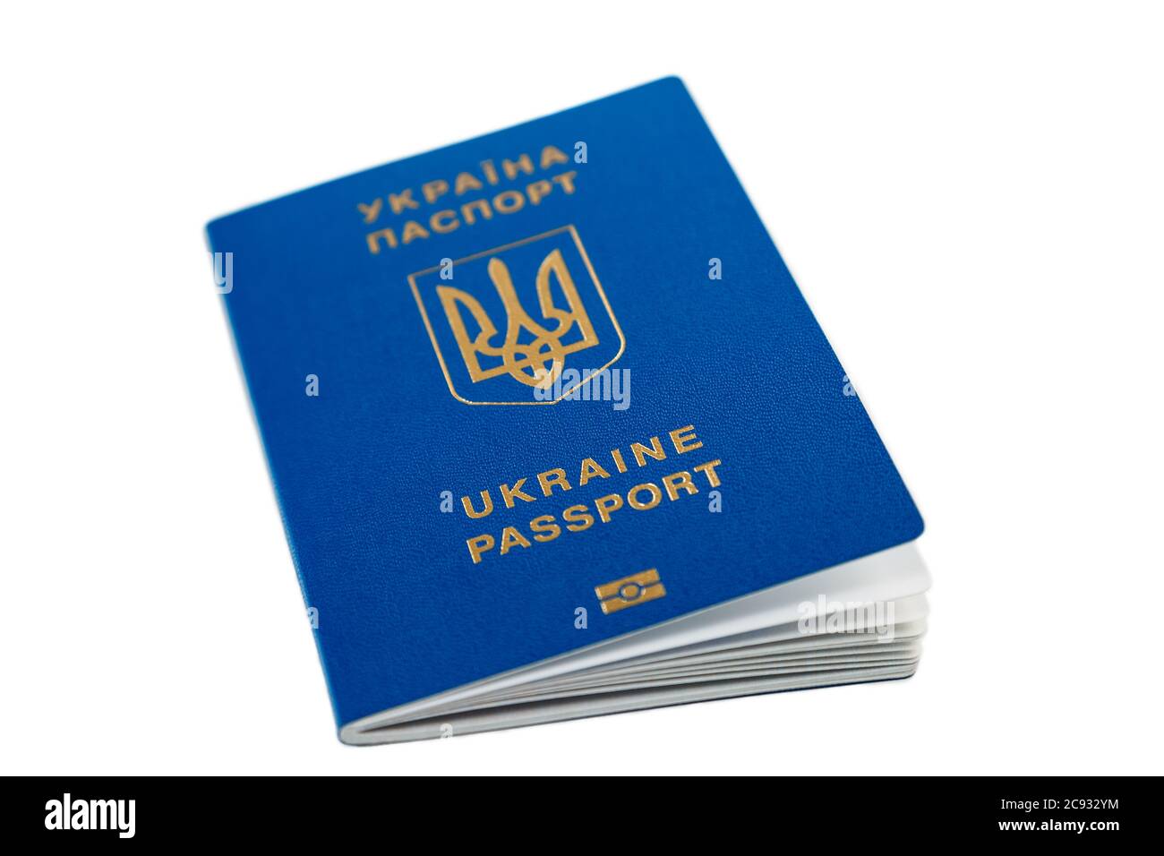 New ukrainian blue international biometric passport with identification chip and fingerprints isolated on white. Selective focus Stock Photo