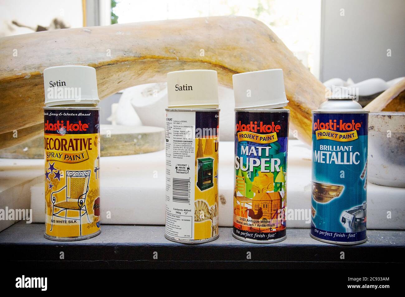 Various spray paints and equipment that Henry Moore used when creating his sculptures at the Henry Moore Foundation Stock Photo