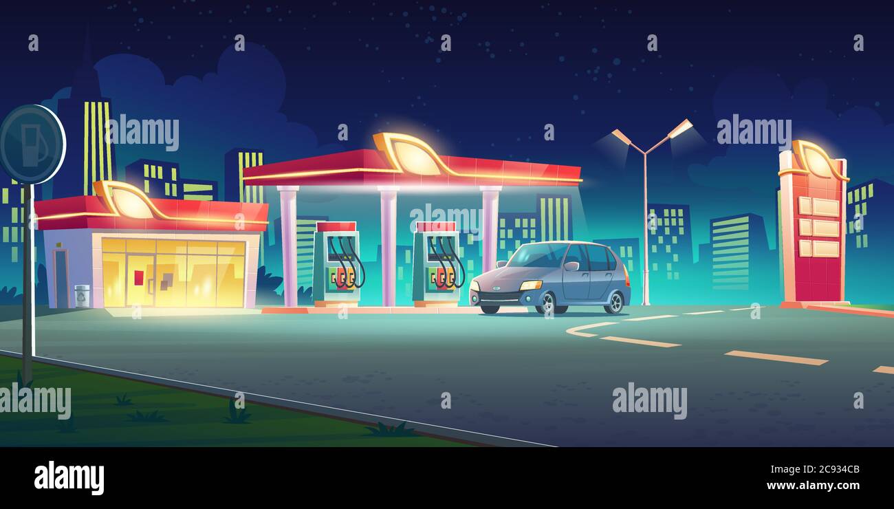 Gas station with oil pump, market and prices display at night. Vector cartoon cityscape with car on fuel filling station on town road. Modern service for refill petrol, diesel or gas Stock Vector