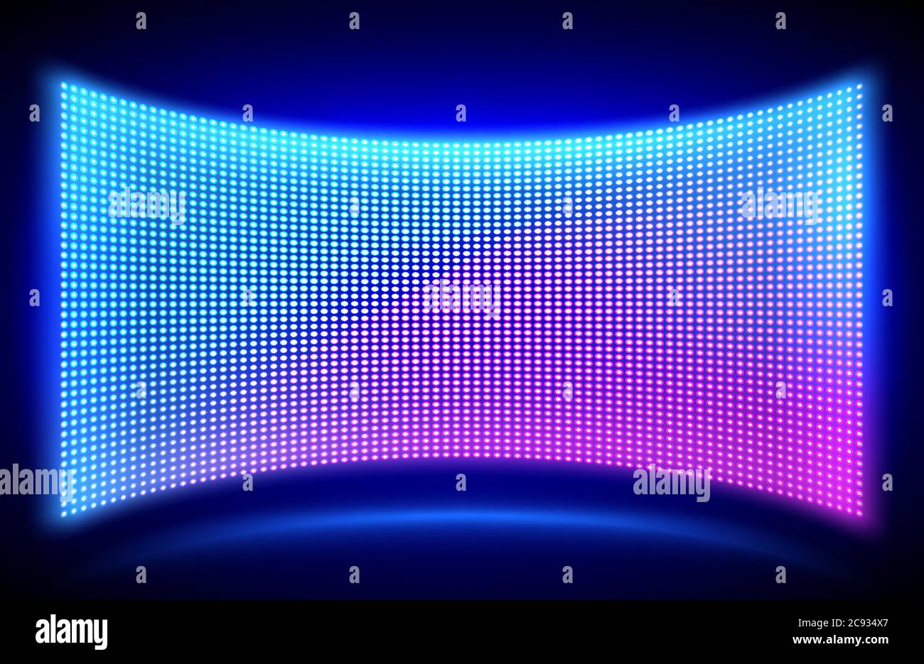 Led concave wall video screen with glowing blue and purple dot lights on  black background. Vector illustration of grid pattern for led display on  stadium or scene. Digital panel with mesh diode