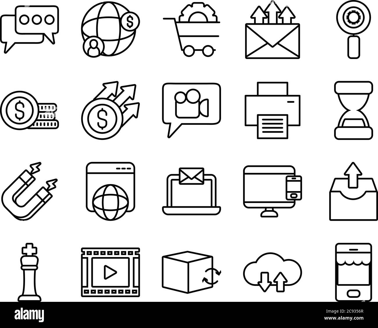icon set of computer and marketing concept over white background, line ...