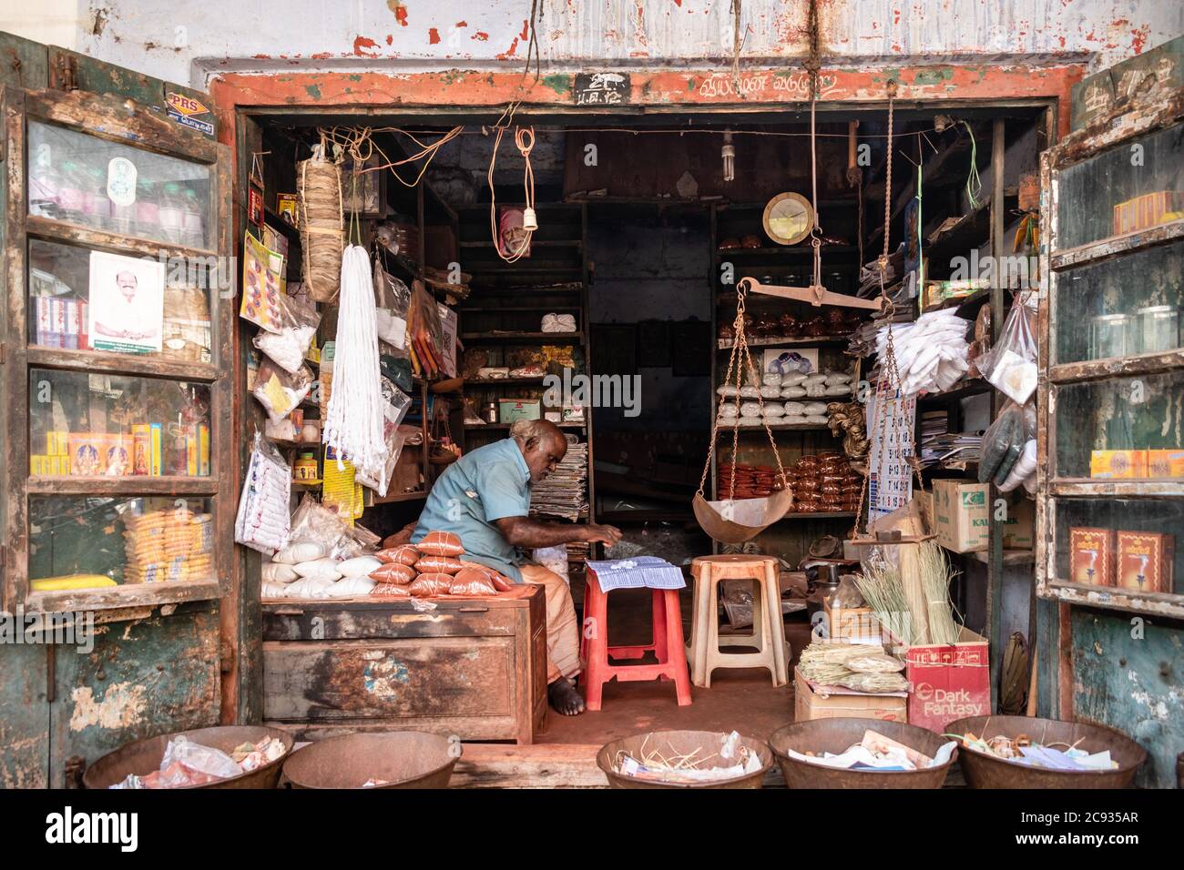 Trichy, Tamil Nadu, India February 2020 An Indian shopkeeper sitting