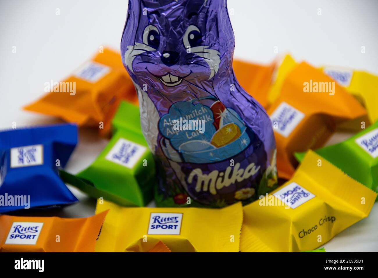 RHEINBACH, GERMANY 25 July, 2020 Milka rabbit surrounded by many ...