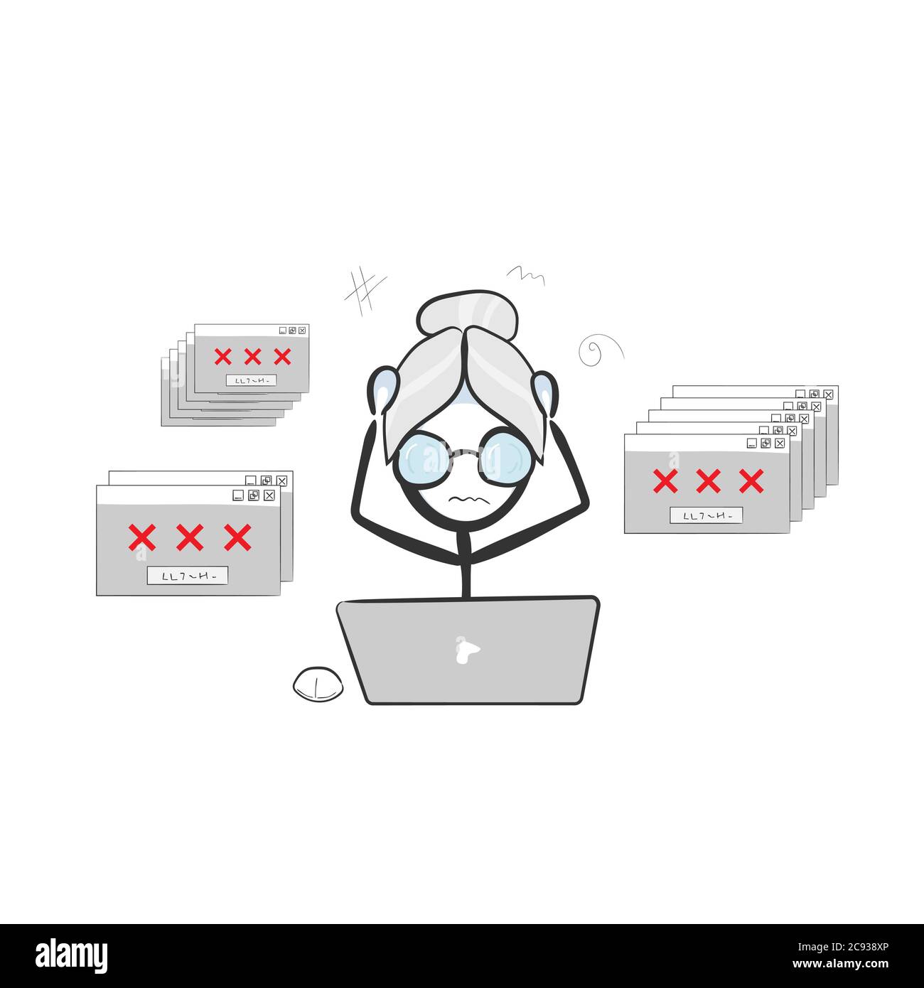 grandma panic system error. Vector simple old generation with computers. Stickman no face clipart cartoon. Hand drawn. Doodle sketch, graphic Stock Vector