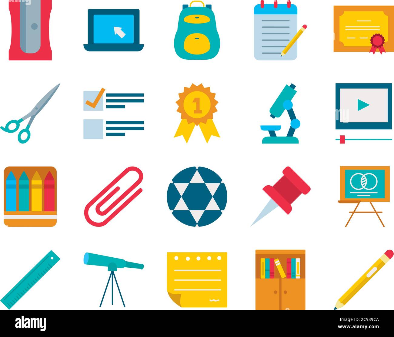 School flat style icon set design, Education class lesson and knowledge ...