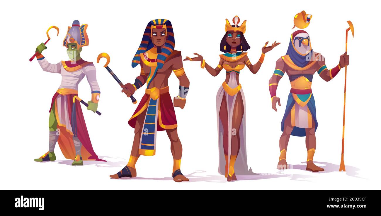 Ancient Egyptian god Amun, Osiris, Pharaoh and Cleopatra. Vector cartoon characters of Egypt mythology, king and queen, god with falcon head, Horus and Amon Ra Stock Vector