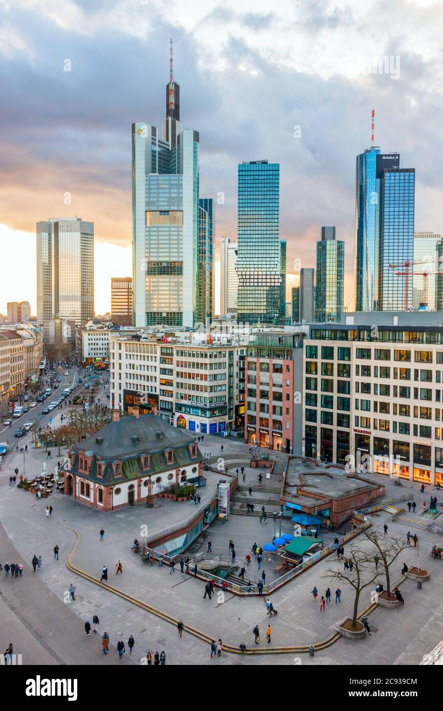 Frankfurt am Main centre. Aerial view of Hauptwache square with the Hole (das Loch) and the skyscrapers of the Bankenviertel in the afternoon. Germany Stock Photo