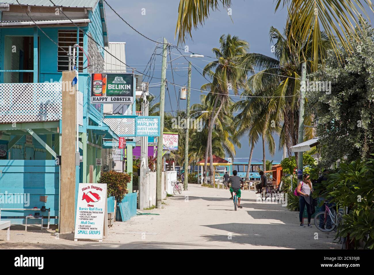 Guesthouses and dive shop at Caye Caulker Village on Key Caulker / Cayo