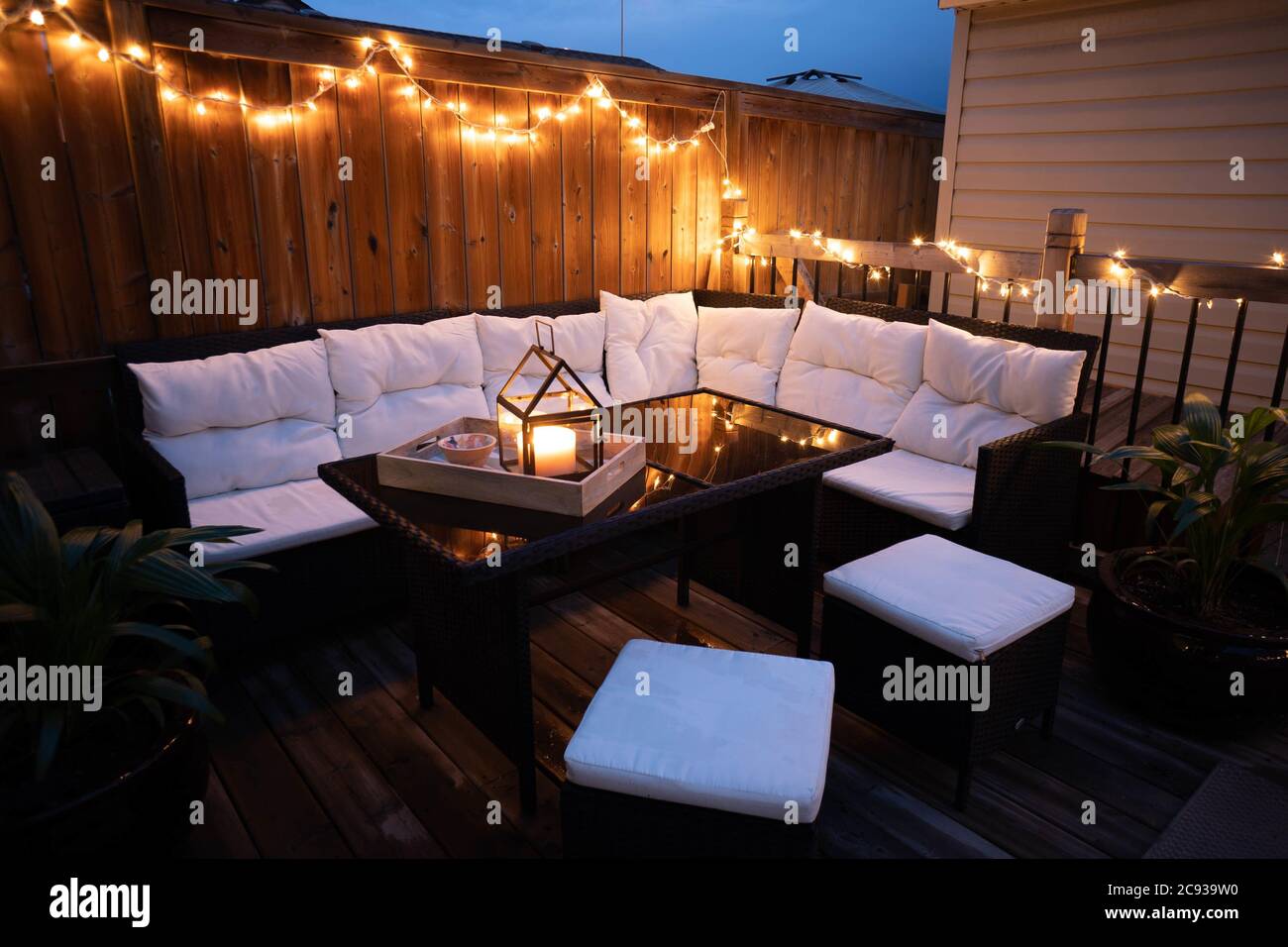 Beautiful design of terrace lounge decorated with lights Stock Photo ...