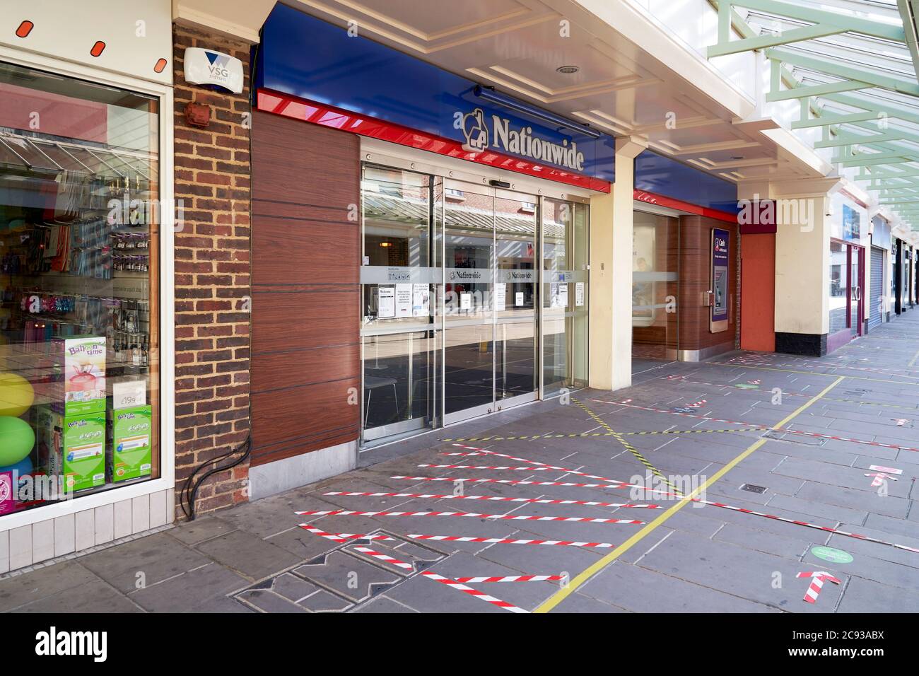 Nationwide building society entrance with social distancing guides marked out with tape Stock Photo