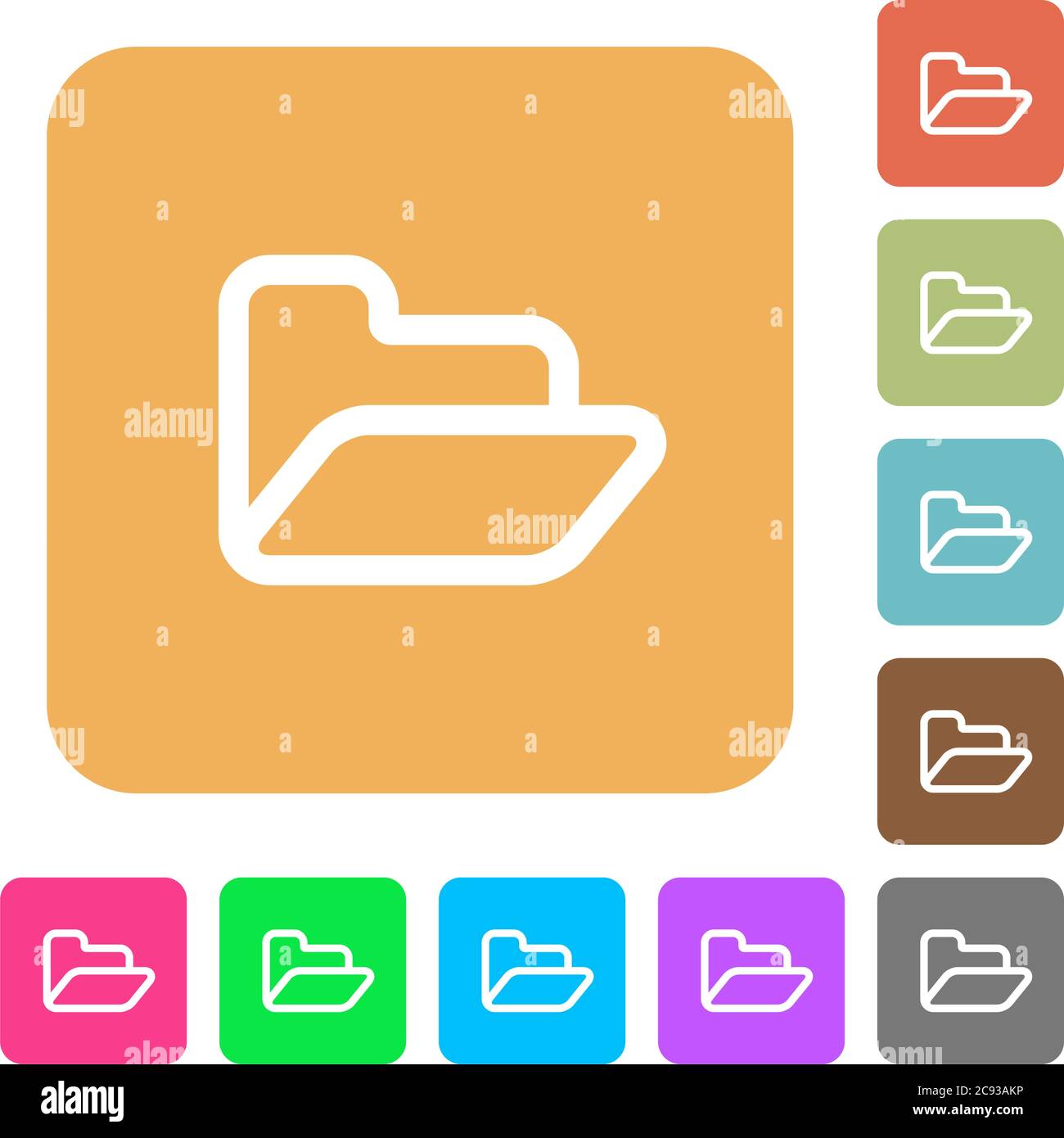 Open folder flat icons on rounded square vivid color backgrounds. Stock Vector