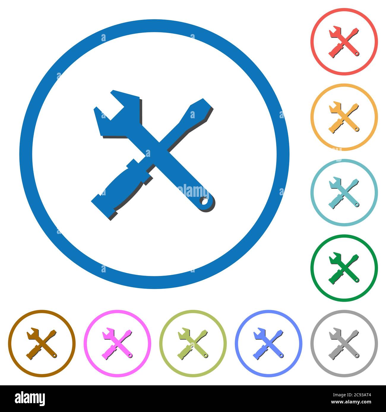 Tool kit flat color vector icons with shadows in round outlines on ...