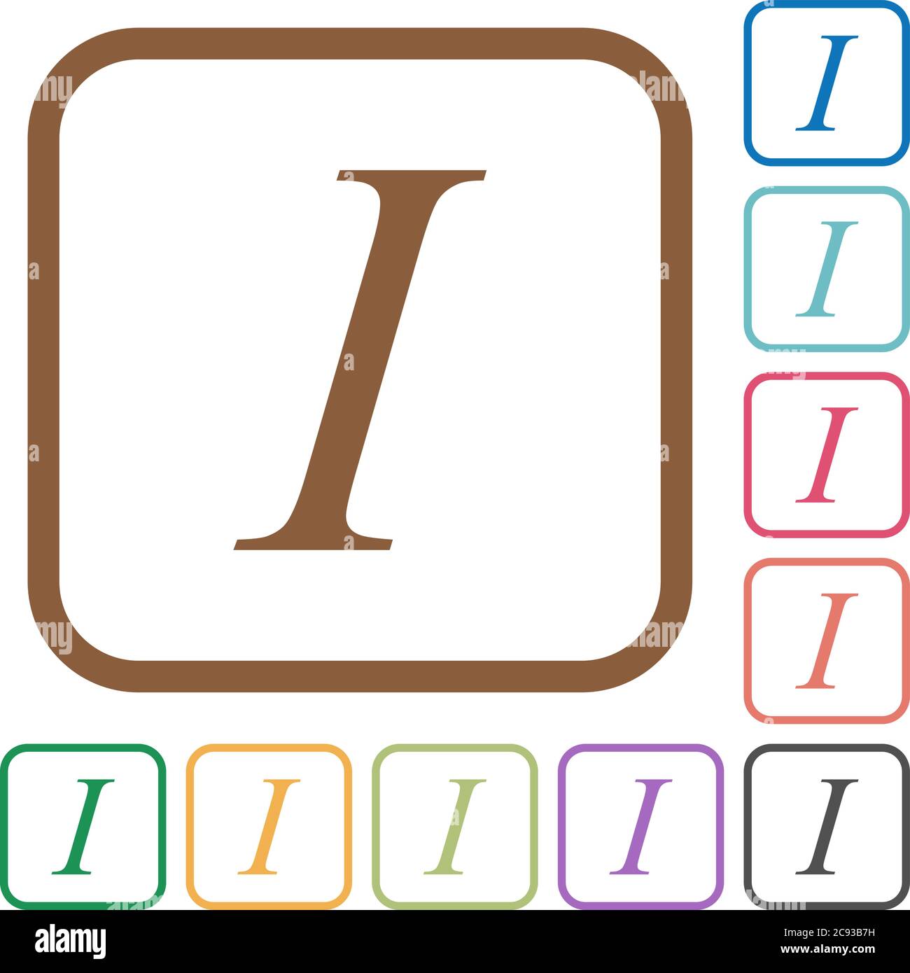 Italic font type simple icons in color rounded square frames on white ...