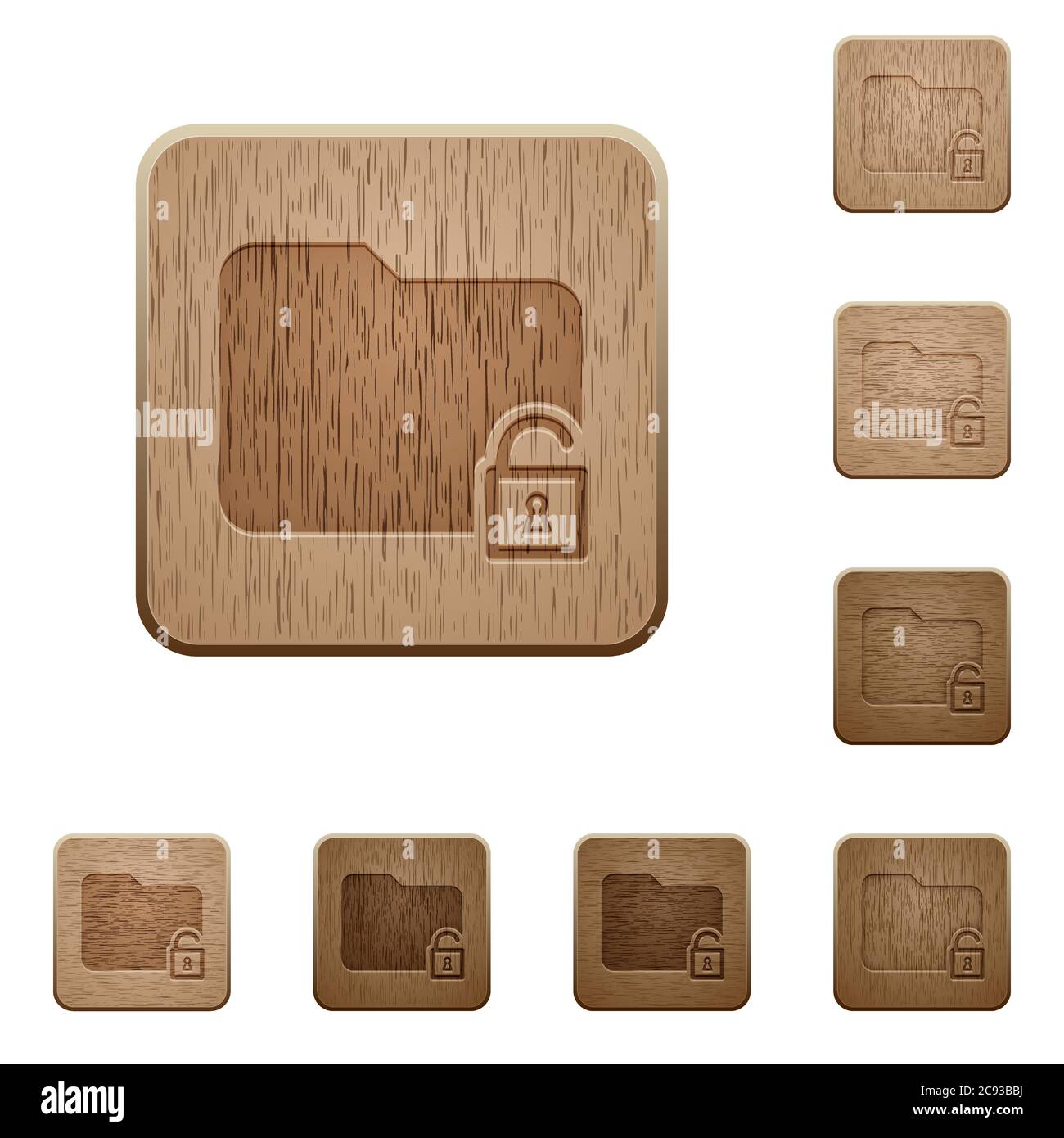 Unlock folder on rounded square carved wooden button styles Stock Vector
