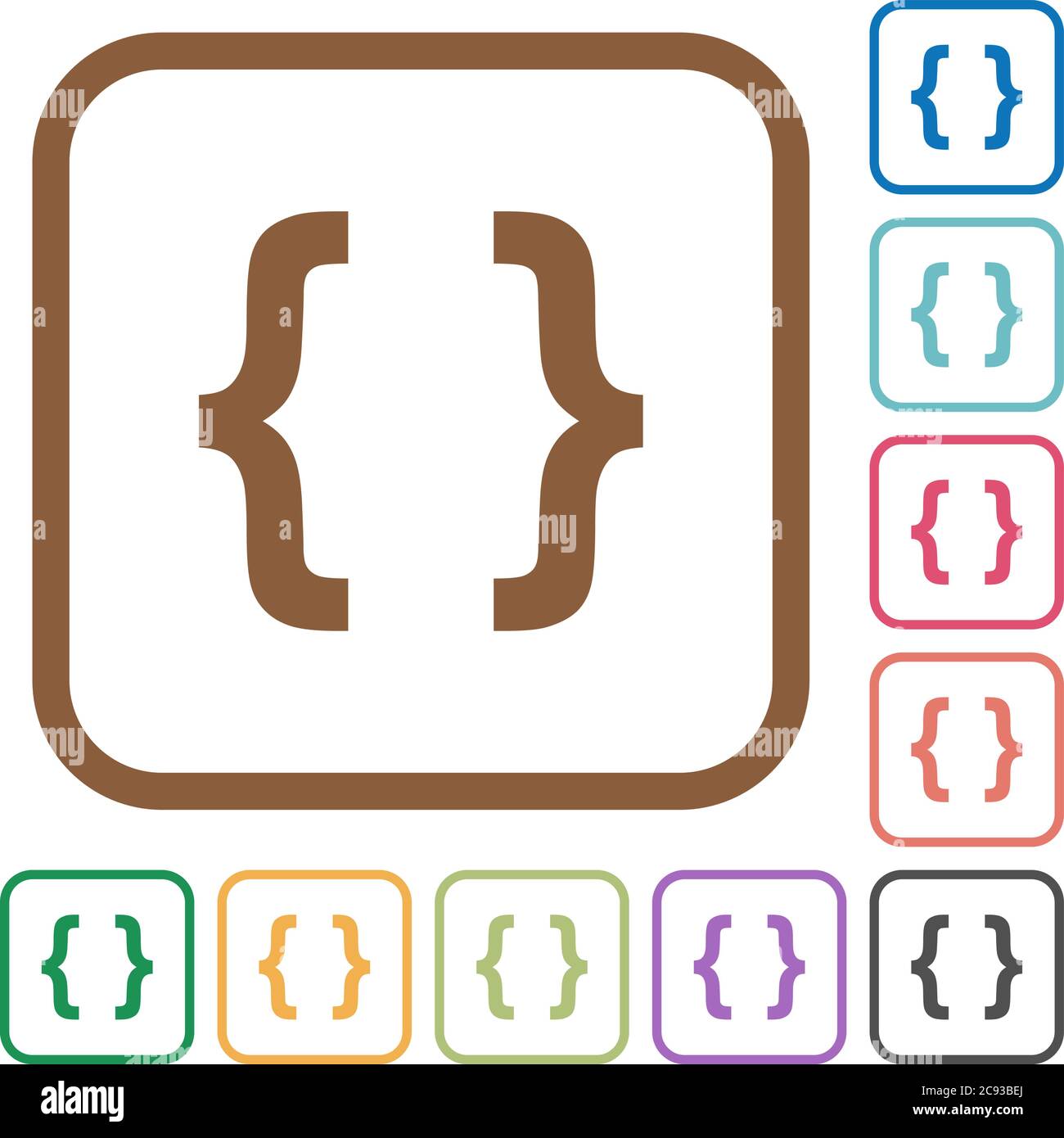 Programming code simple icons in color rounded square frames on white ...