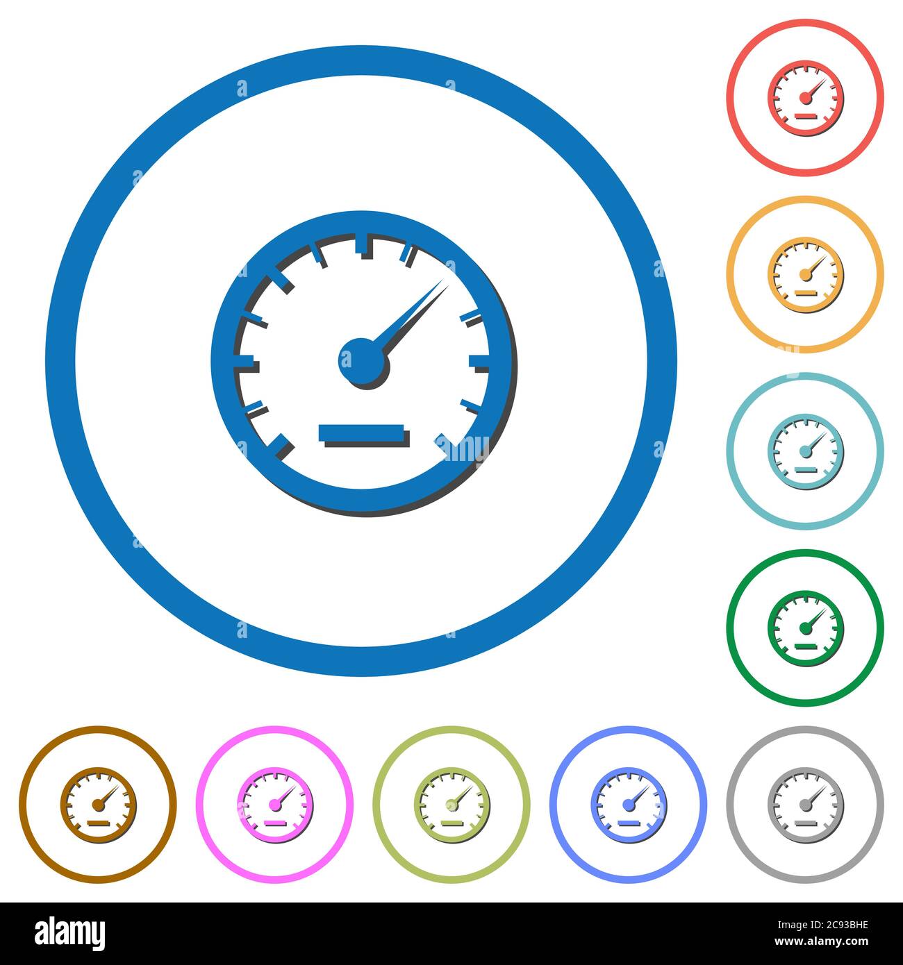Speedometer flat color vector icons with shadows in round outlines on ...