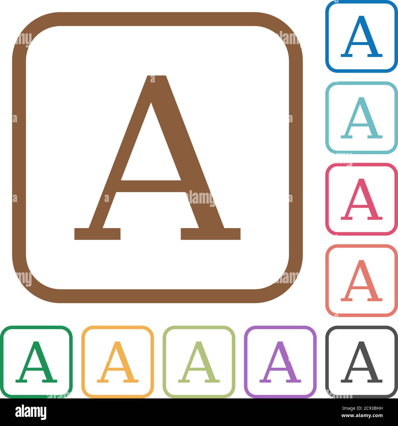 Character font simple icons in color rounded square frames on white ...