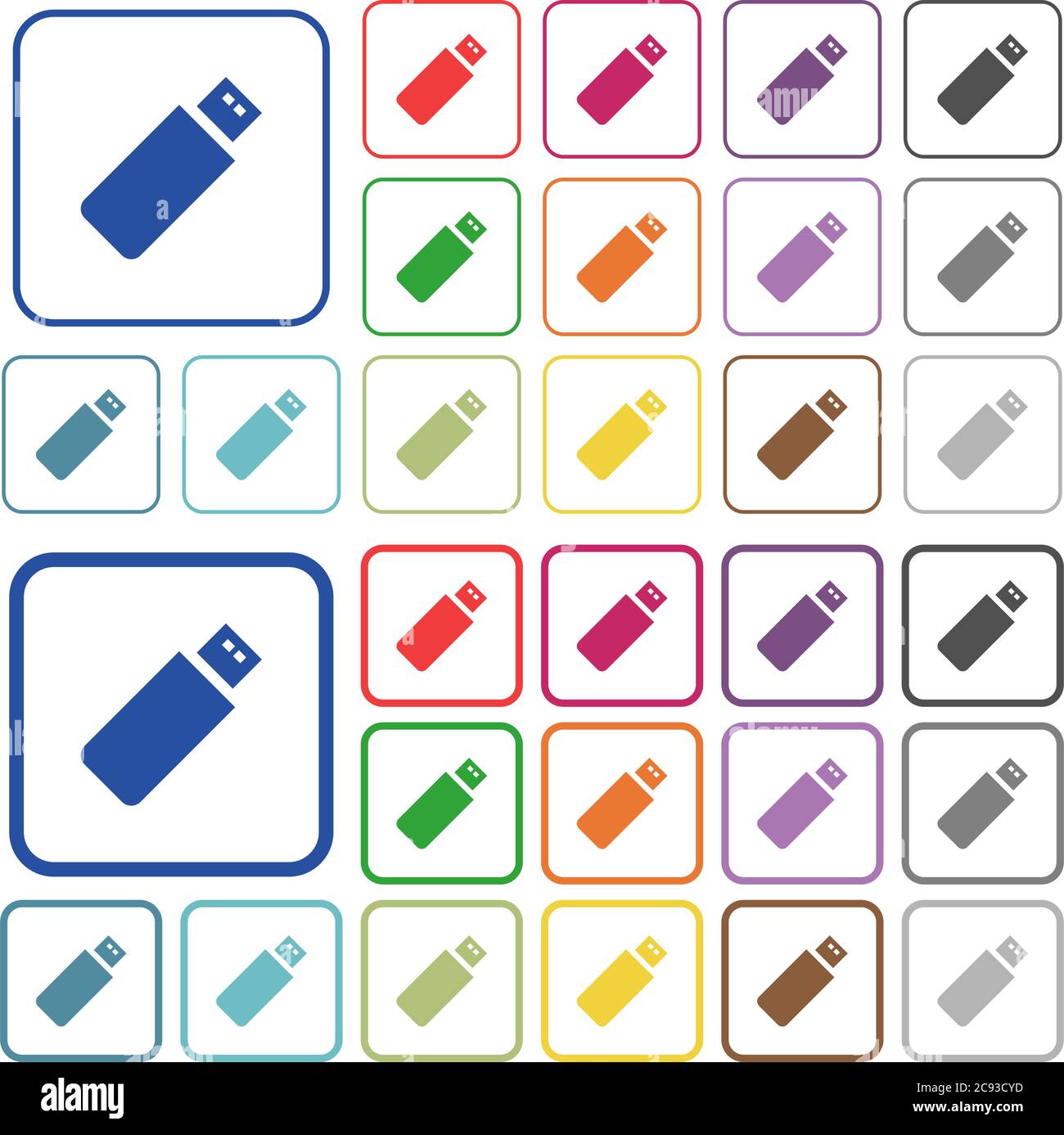 Pendrive color flat icons in rounded square frames. Thin and thick versions included. Stock Vector