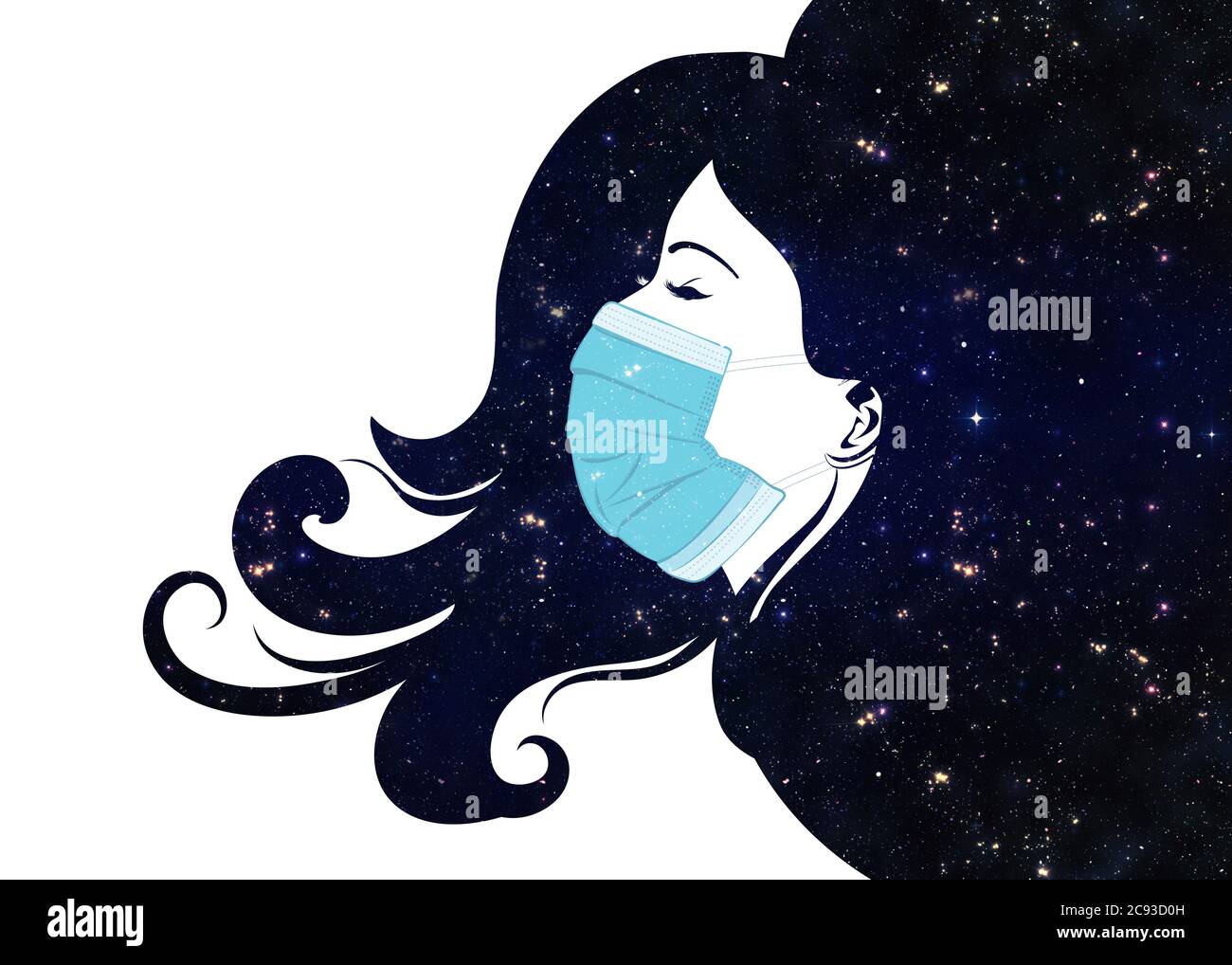 Female portrait in profile with disposable face mask with starfield