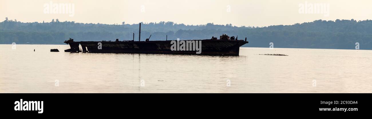 Panorama of an abandoned ship in Mallows bay of Potomac river. This place is home to remains of over 100 decommissioned and sunken ship wrecks and is Stock Photo