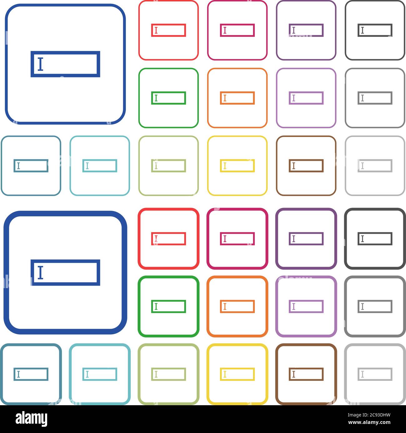 Editbox with editing cursor color flat icons in rounded square frames. Thin and thick versions included. Stock Vector