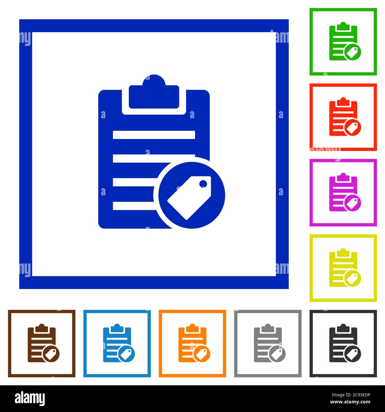 Note tagging flat color icons in square frames on white background Stock Vector