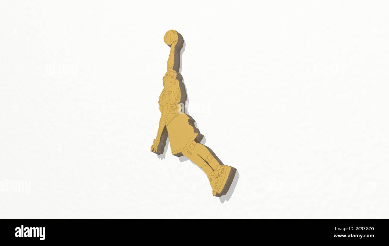 basketball player on the wall. 3D illustration of metallic sculpture over a white background with mild texture. competition and sport Stock Photo