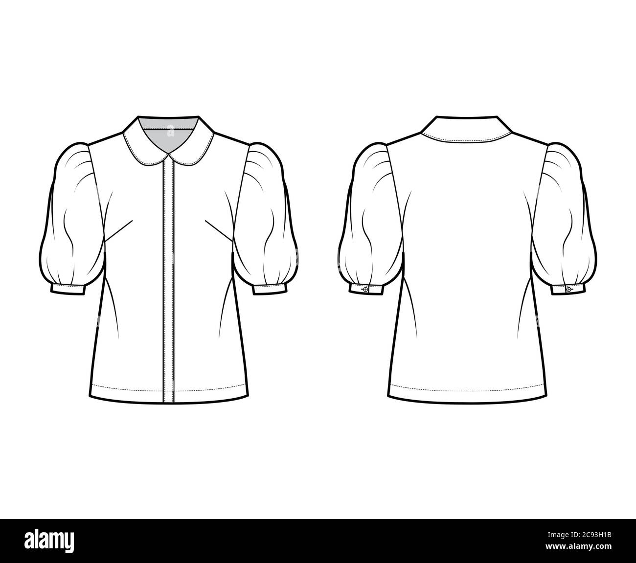Elbow puff sleeve shirt technical fashion illustration with round collar, front button-fastening, loose silhouette. Flat blouse apparel template front, back white color. Women, men unisex top CAD Stock Vector