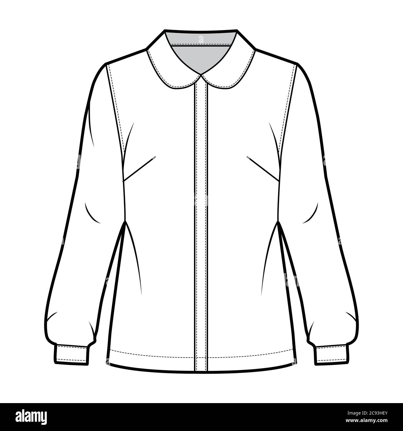 Round collar shirt technical fashion illustration with loose silhouette, long sleeve with cuff, front button fastening. Flat apparel blouse template front white color. Women, men unisex top CAD mockup Stock Vector