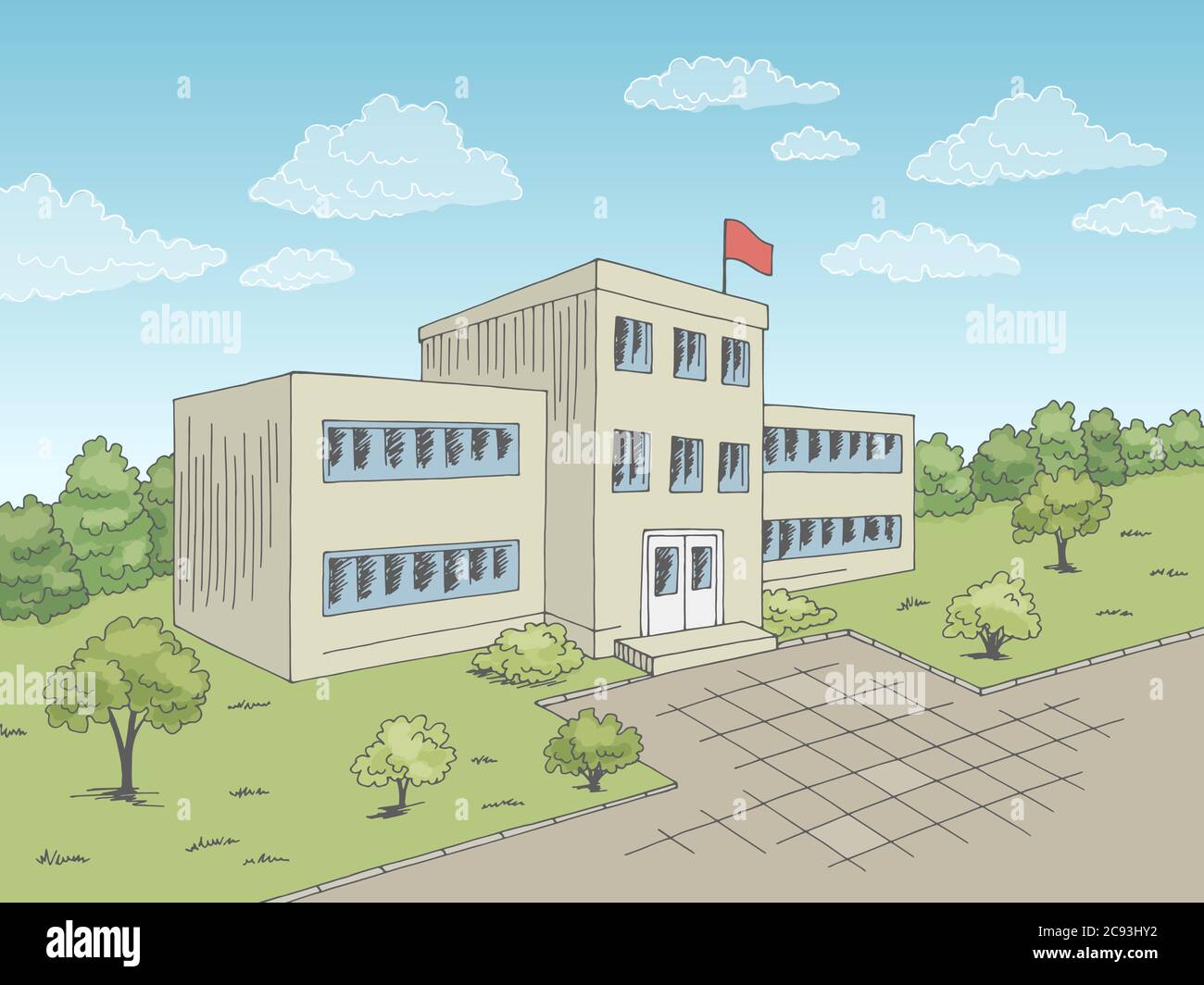 School building exterior graphic color sketch illustration vector Stock Vector