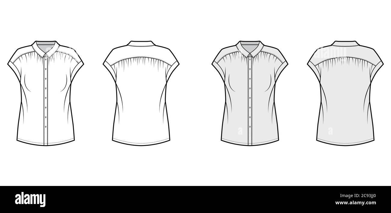 Gentle pleats shirt technical fashion illustration with loose silhouette, regular colar with stand, sleeveless. Flat blouse apparel template front, back white grey color. Women, men unisex top mockup Stock Vector